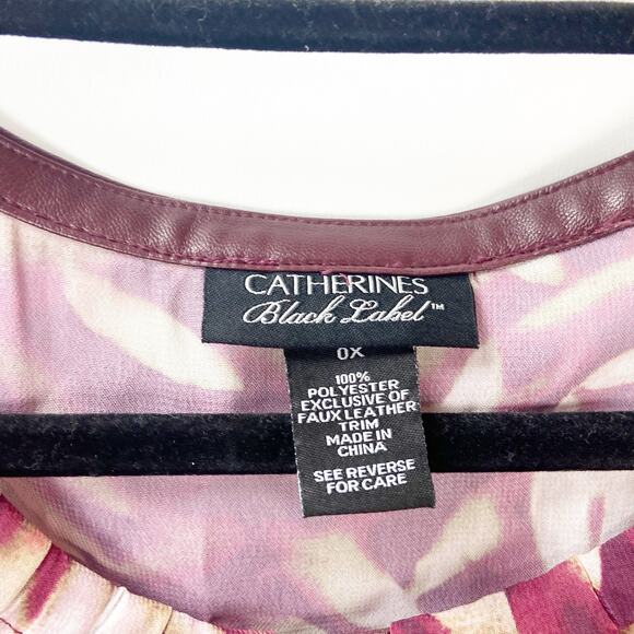 Catherines Black Label 0X 1X Plus Womens Maroon Ivory Print Faux Wrap Blouse - Picture 4 of 6